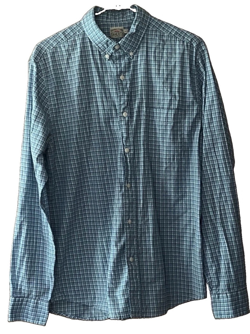Faherty Men's Medium Long Sleeve Button Front Plaid Shirt Light Blue Navy White